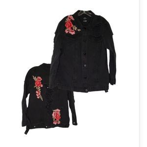Distressed Rose Embroidered Denim Jacked